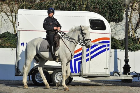 Belgian mounted police and horse trailer in Brussels