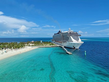 Lighthouse Bay and MSC Seashore on the private island of the cruise line MSC Cruises
