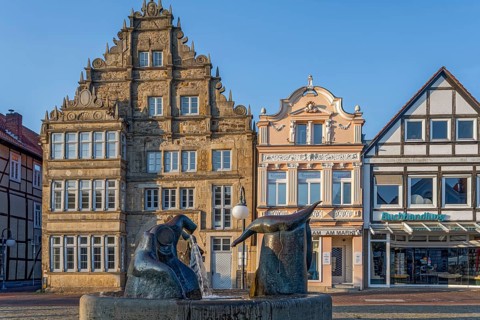 Istorical Buildings Market Square with Fountain Stadthagen Germany