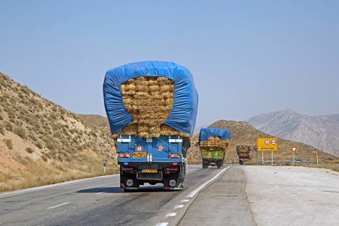 Convoy of heavily loaded trucks transporting bales of hay over highway in Iran
