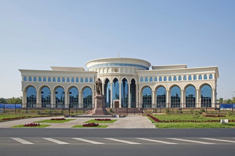 The Kazakhstan Embassy building and monument to the national poet Abay in Tashkent