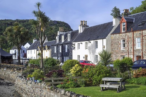 Houses and hotels of the village Plockton along Loch Carron in Wester Ross