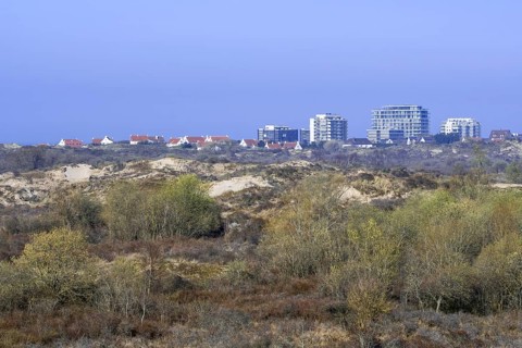 Flats and villas of seaside resort De Panne behind the sand dunes of nature reserve De Westhoek