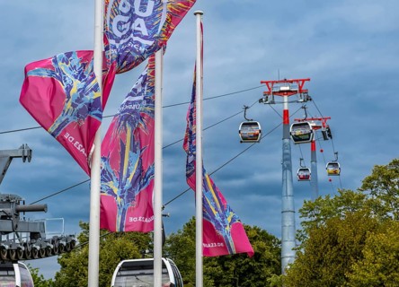 Flags and cable car above the grounds of the Federal Horticultural Show