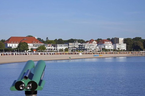 View over the beach and boardwalk of Travemuende