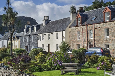 Houses and hotels of the village Plockton along Loch Carron in Wester Ross