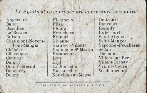 Back side of French banknote Bon de Un Franc from 1916 during the First World War One offered by the Syndicat Ardennais de Ravitaillement pour la Region de Sedan