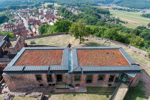 Exterior of Lichtenberg Castle with the village of Lichtenberg in the background