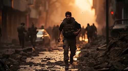 Soldiers scramble amidst explosions in a war torn middle eastern city. generative AI