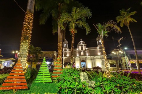 The beautiful church at night from Copan Ruinas from the square. Honduras