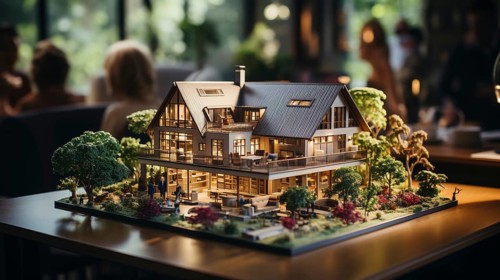 Small scale model of a contemporary house design on the table in A real estate office. generative AI