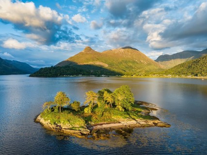 Aerial view of the western part of Loch Leven with the historic Isle of Discussion
