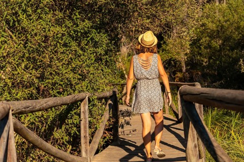 A young tourist walking along a wooden walkway in the Donana Natural Park