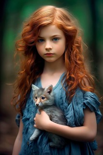 Pretty young girl with long red hair and a blue dress holding a red fox pet in her arms