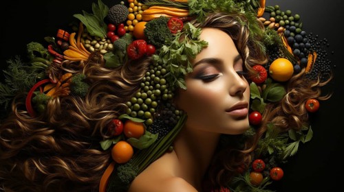 Headshot portrait of healthy woman surrounded by and partially made of fruits and vegetables