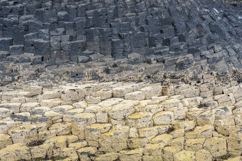 Bizzarely formed polygonal columnar basalt on the uninhabited rocky island of Staffa