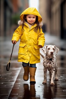 Eight years old girl wearing a yellow raincoat and hat walking in a street side by side with a Dalmatian dog