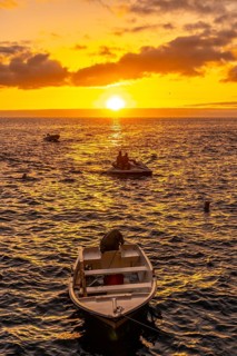 Sunset next to a staircase that goes down to the sea in the town of Poris de Candelaria on the north-west coast of the island of La Palma
