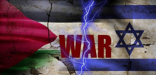 Palestine vs Israel flag on cracked wall. Israel and Palestine war concept