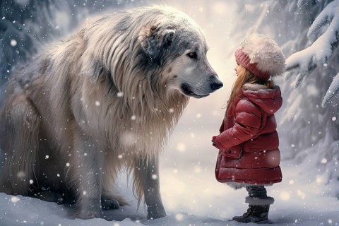 Three years old little girl wearing winter coat standing near a huge Russian Wolfhound in a snowy forest environment with the dog looking down at the girl