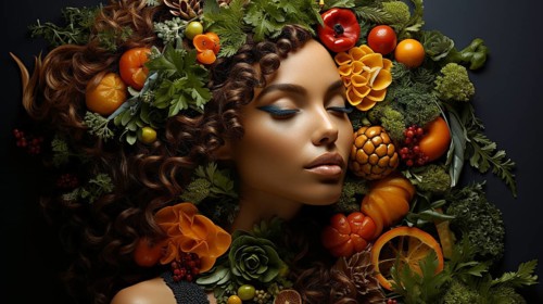 Headshot portrait of healthy woman surrounded by and partially made of fruits and vegetables