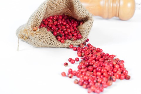 Pink peppercorns in a burlap bag isolated on white background and copy space
