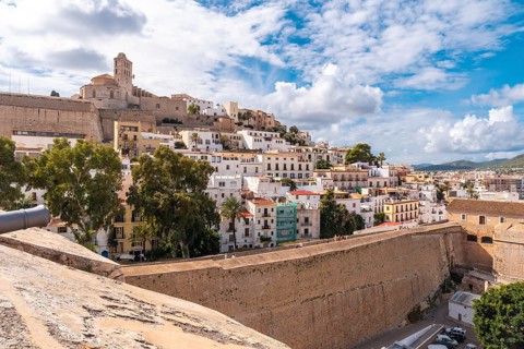 View of the cathedral of Santa Maria de la Neu from the castle wall of Ibiza