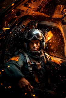 A fighter pilot in full gear sits in his galactic fighter plane and flies towards the enemy