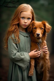 Pretty eight years old girl with red hair and green dress holding a red Golden retriever pup in her arms