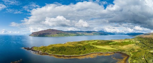 Aerial view of the sea loch Loch Scridain on the Isle of Mull with the peninsula Ardchrishnish