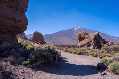 Path to walk between the Roques de Gracia and the Roque Cinchado in the natural area of Mount Teide in Tenerife