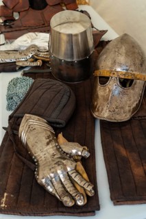 Medieval armor of an original knight in the castle of Fougeres. Brittany region
