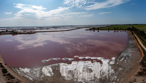 Aerial view of the salt pans of Aigues Mortes with salt heaps