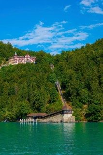 The Historical Grandhotel Giessbach and Cable Train on the Mountain Side on Lake Brienz in Giessbach