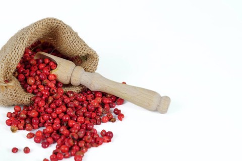 Pink peppercorns in a burlap bag isolated on white background and copy space