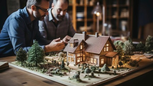 Architects working together assembling A small scale model housing developement on the table. generative AI