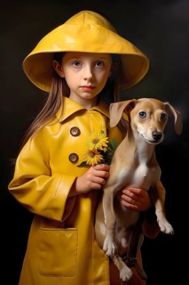 Eight years old girl wearing a yellow raincoat and hat holding an Italian Greyhound in her arms