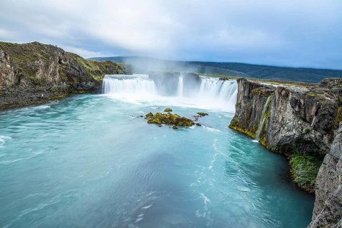 The impressive Godafoss waterfall from below. Iceland