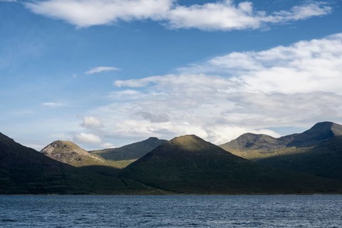 View over Loch Na Keal to the highest mountains from the Isle of Mull