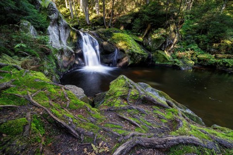 Waterfall in autumn forest with rocks