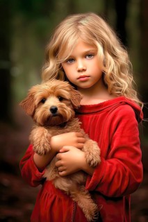 Pretty eight years old girl with long blond hair and red dress holding a Labradoodle in her arms