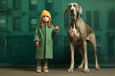 Three years old girl wearing green winter clothes leading on a leash a huge Great Dane in an urban environment