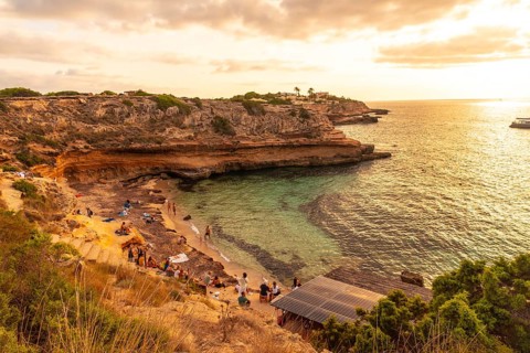Cala Escondida at sunset in Cala Comte beach on the island of Ibiza. Balearic
