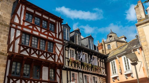 Traditional wooden houses of the medieval town of Quimper in the department of Finisterre. French Brittany
