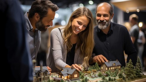 Real estate agent discussing with a young adult couple A new housing development model on the table in front of them. generative AI