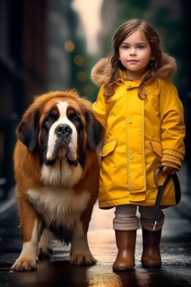 Eight years old girl wearing a yellow raincoat and hat walking in a street side by side with a huge Saint Bernadin dog