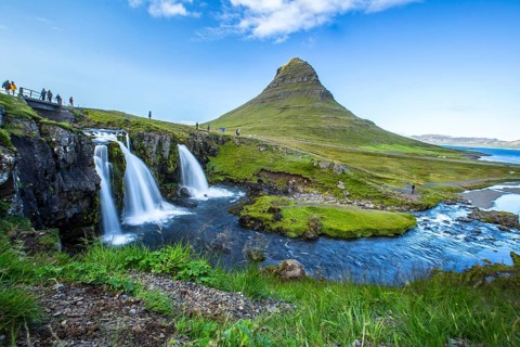 The famous Icelandic mountain Kirkjufell and the small waterfalls