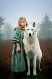 Pretty six years old girl with a green dress standing near a huge Swiss White Shepherd dog sitting in an autumnal foggy forest