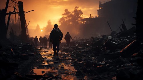 Soldiers with guns scrambling down the streets of a ravaged city amidst war. generative AI
