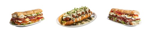 Set of delicisous stuffed sub style sandwiches isolated on a white background. generative AI